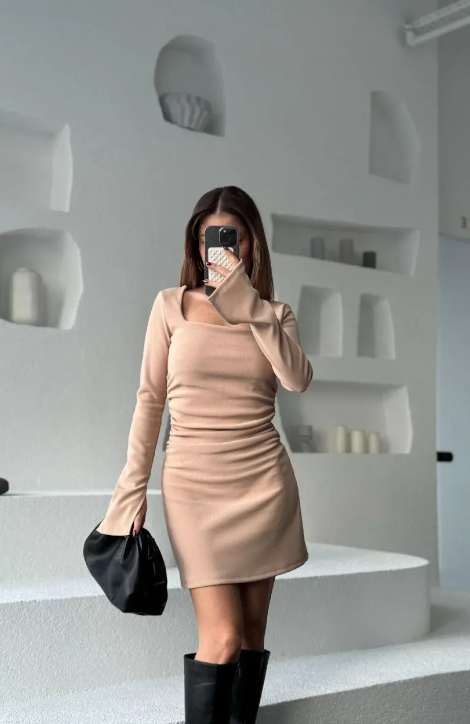 Kare Yaka Mını Boy Fitilli Elbise - Bej