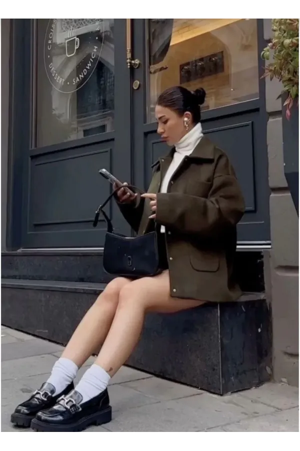 Kaşe Kaşmir kumaş cep ve çıt çıt düğme detay Bleazer pinterest ceket mont - Haki