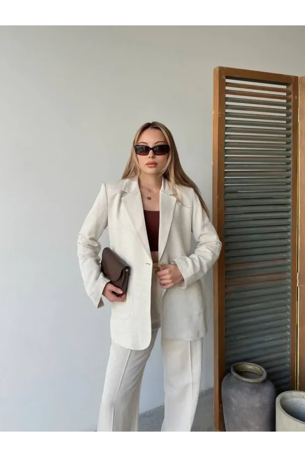 Keten Ceket Pantolon İlik Düğmeli Uzun Kollu Yırtmaçlı ikili Takım - Beyaz