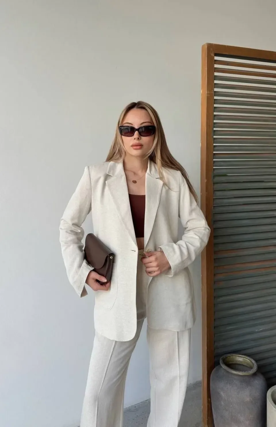 Keten Ceket Pantolon İlik Düğmeli Uzun Kollu Yırtmaçlı ikili Takım - Beyaz