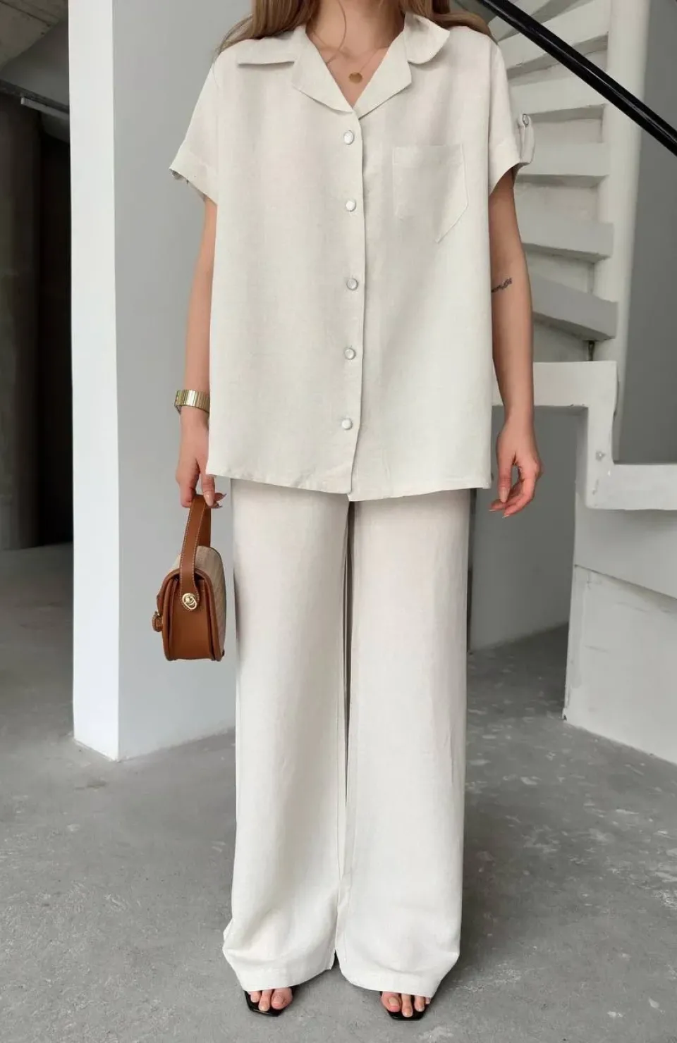Keten Kısa Kollu Cepli Gömlek Pantolon ikili Takım - Beyaz