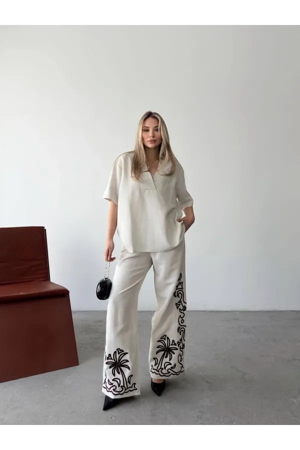 Keten Kısa kolu V Yaka Bluz Pantolon ikili Takım- Beyaz