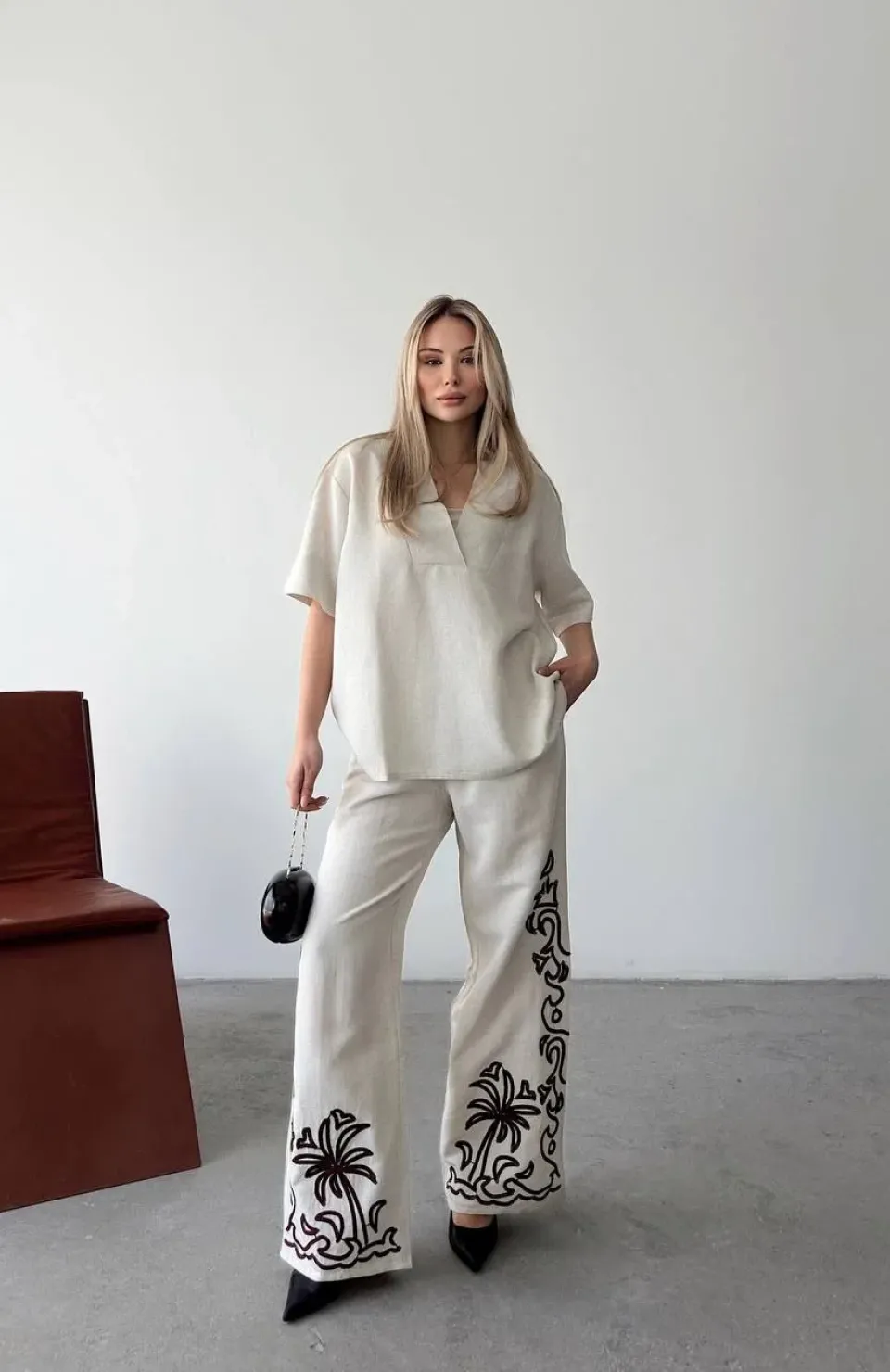 Keten Kısa kolu V Yaka Bluz Pantolon ikili Takım- Beyaz