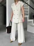 Keten Sıfır Kol Blezer Ceket Pantolon ikili Takım- Beyaz