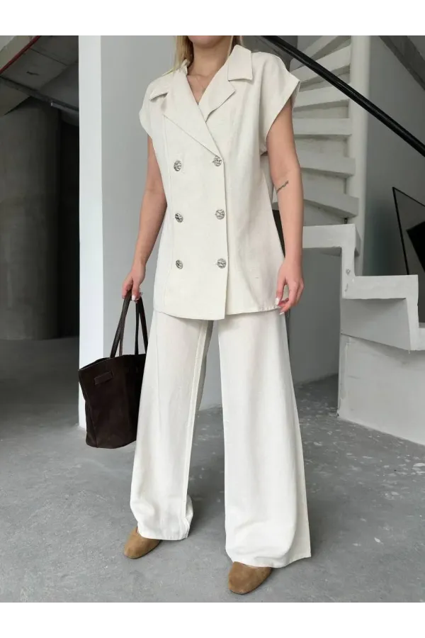 Keten Sıfır Kol Blezer Ceket Pantolon ikili Takım- Beyaz