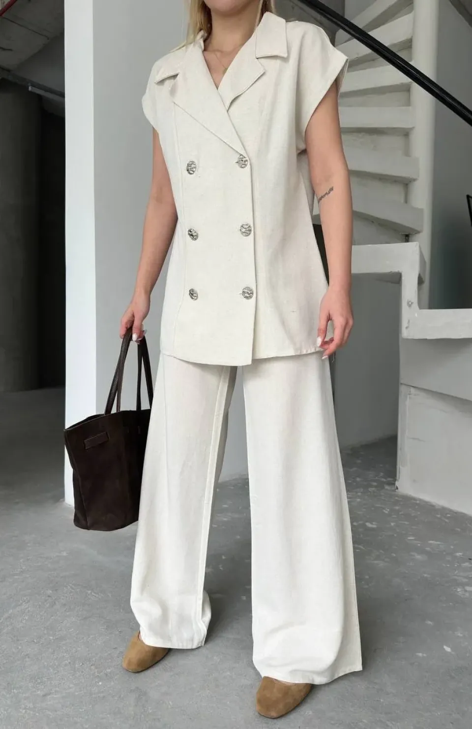 Keten Sıfır Kol Blezer Ceket Pantolon ikili Takım- Beyaz