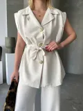 Keten Sıfır Kol Kuşaklı Ceket Pantolon ikili Takım - Beyaz