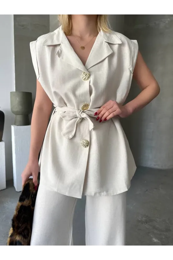 Keten Sıfır Kol Kuşaklı Ceket Pantolon ikili Takım - Beyaz