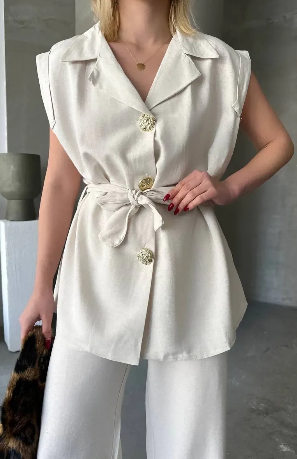 Keten Sıfır Kol Kuşaklı Ceket Pantolon ikili Takım - Beyaz