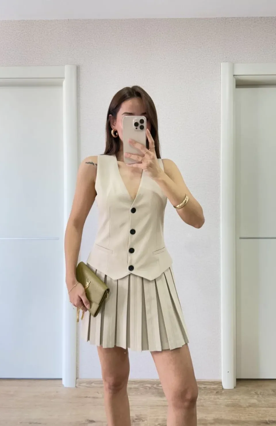 Keten Takım Görünümlü Düğme Detaylı Yelekli Mini Elbise - Bej