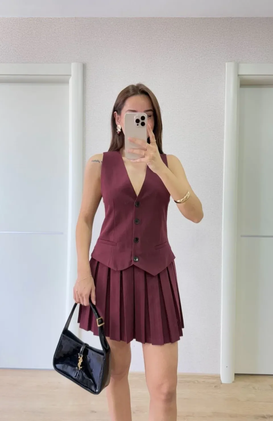 Keten Takım Görünümlü Düğme Detaylı Yelekli Mini Elbise - Bordo