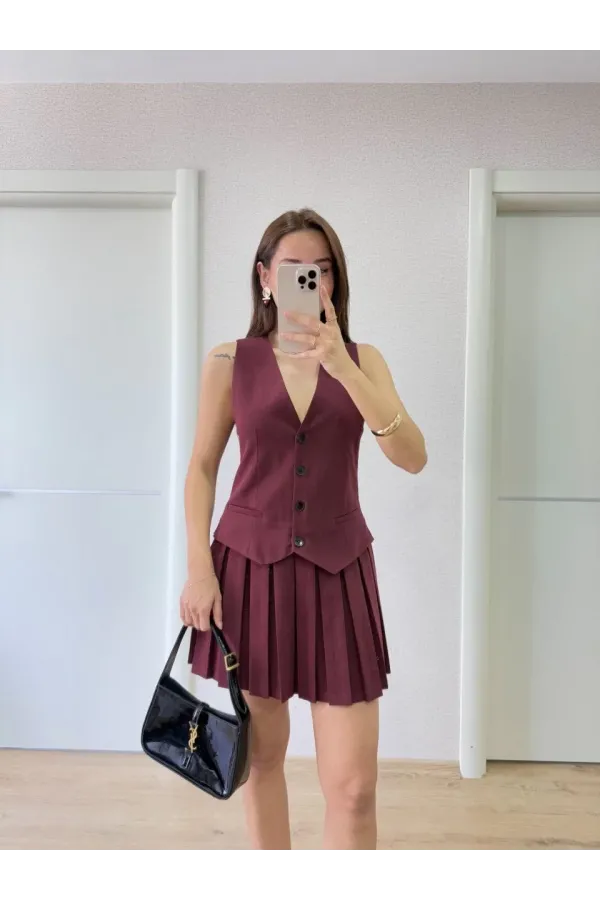 Keten Takım Görünümlü Düğme Detaylı Yelekli Mini Elbise - Bordo