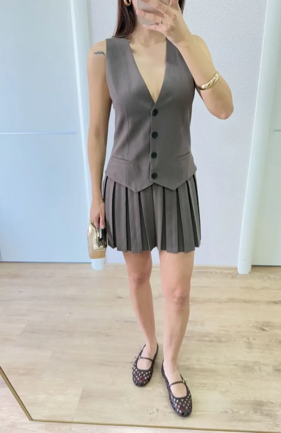 Keten Takım Görünümlü Düğme Detaylı Yelekli Mini Elbise - Füme