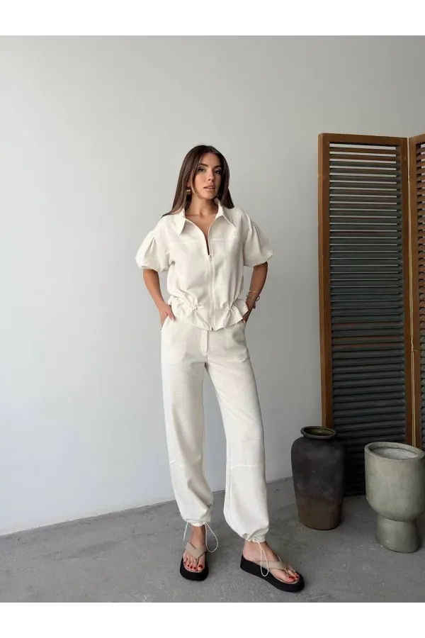 Keten Tam Fermuarlı Kısa kollu Gömlek Pantolon ikili Takım - Beyaz