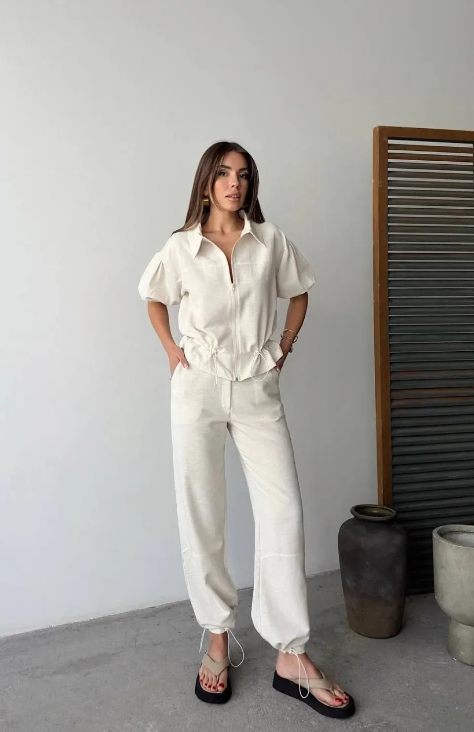 Keten Tam Fermuarlı Kısa kollu Gömlek Pantolon ikili Takım - Beyaz