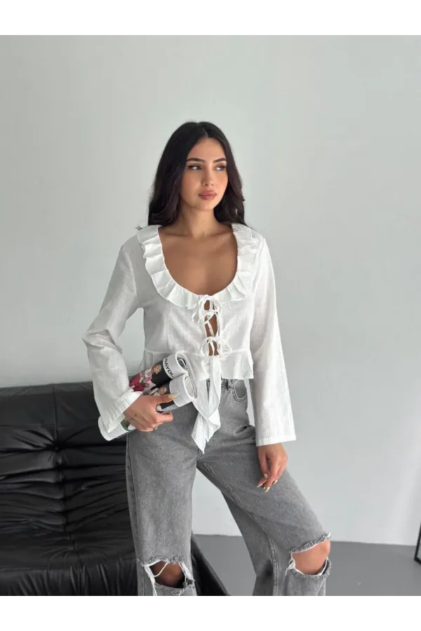 Keten Uzun Kol Bağacık Detaylı Bluz - Beyaz
