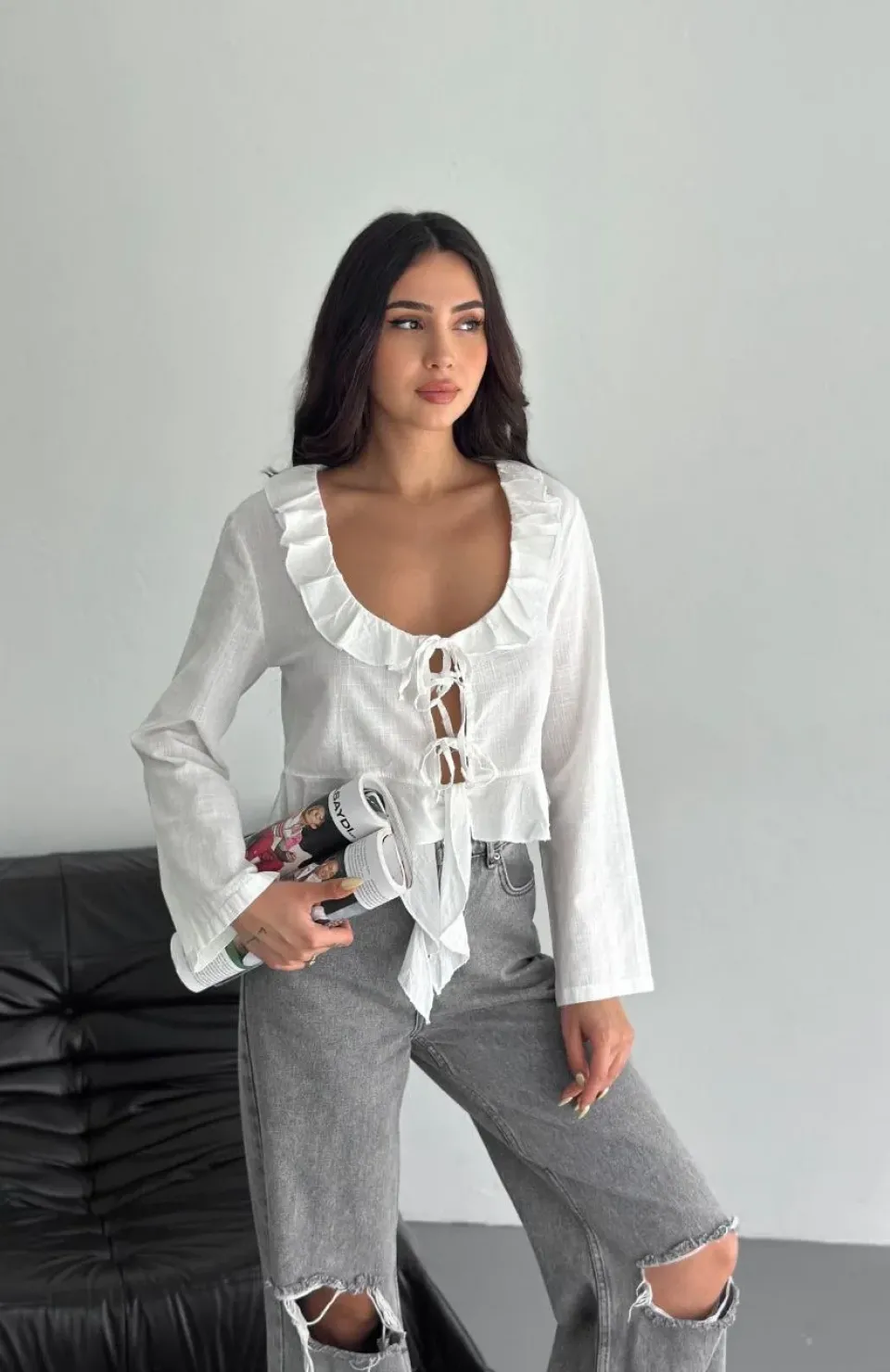 Keten Uzun Kol Bağacık Detaylı Bluz - Beyaz