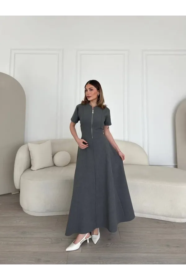 Kısa Kollu Önden Fermuarlı Çan Etekli Uzun Elbise - Antrasit