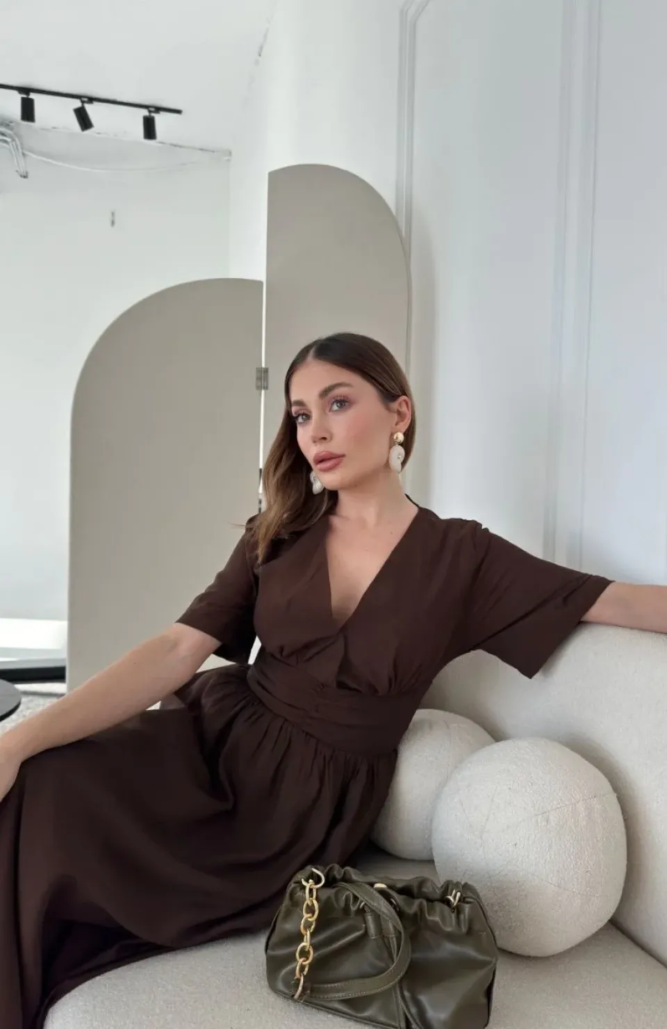 Kısa Kollu Uzun Elbise - Kahve