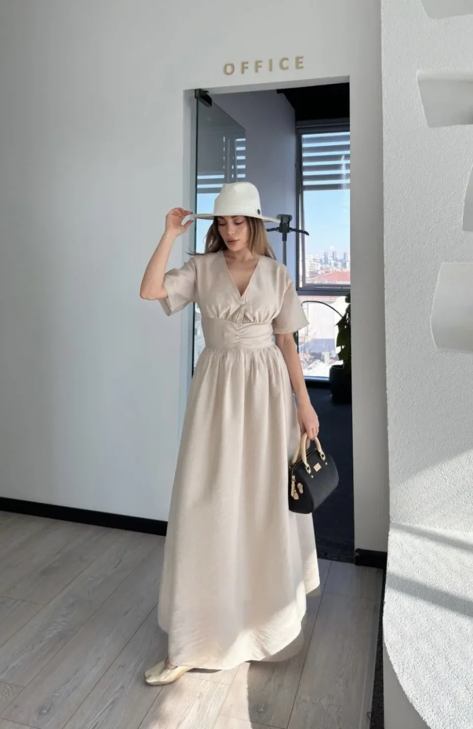 Kısa Kollu Uzun Elbise - Kırık Beyaz