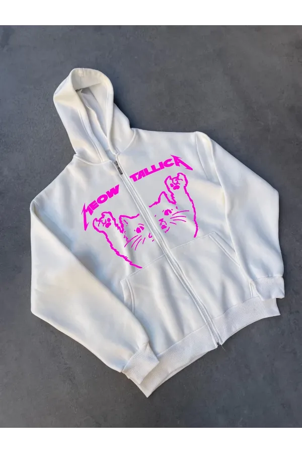 Kışlık Baskılı Fermuarlı Kapüşonlu Hırka - Beyaz