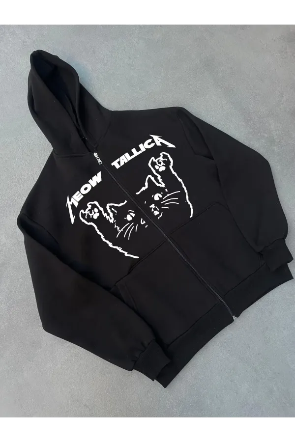 Kışlık Baskılı Fermuarlı Kapüşonlu Hırka - Siyah