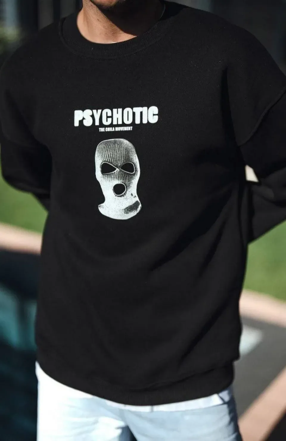 Kışlık Bisiklet Yaka Baskılı SweatShirt - Siyah