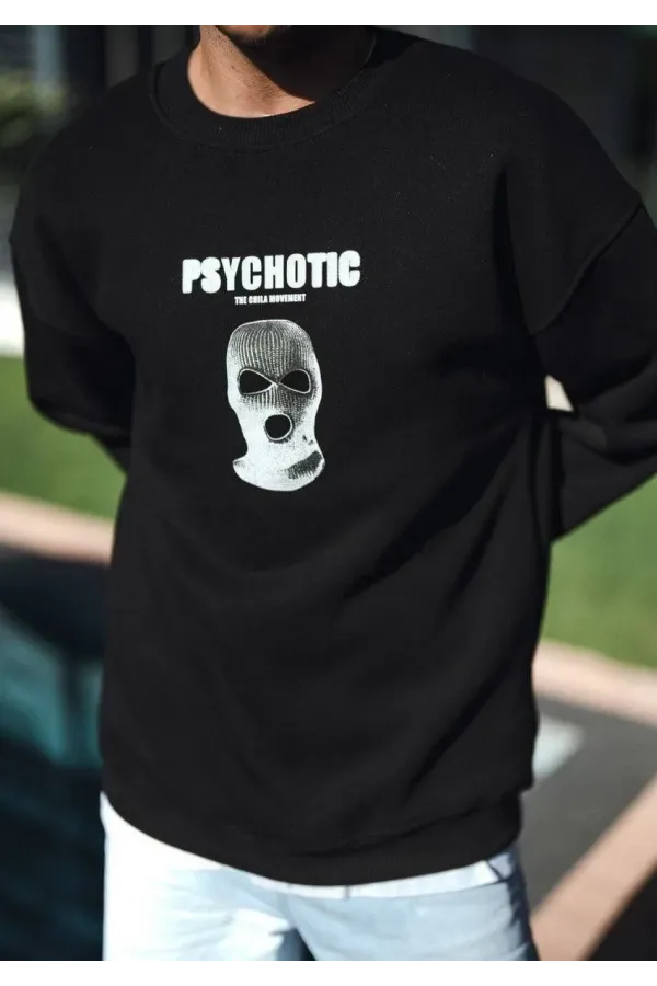 Kışlık Bisiklet Yaka Baskılı SweatShirt - Siyah