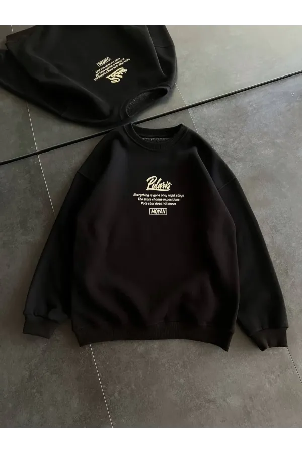 Kışlık Bisiklet Yaka Ön Ve Arka Baskılı SweatShirt - Siyah