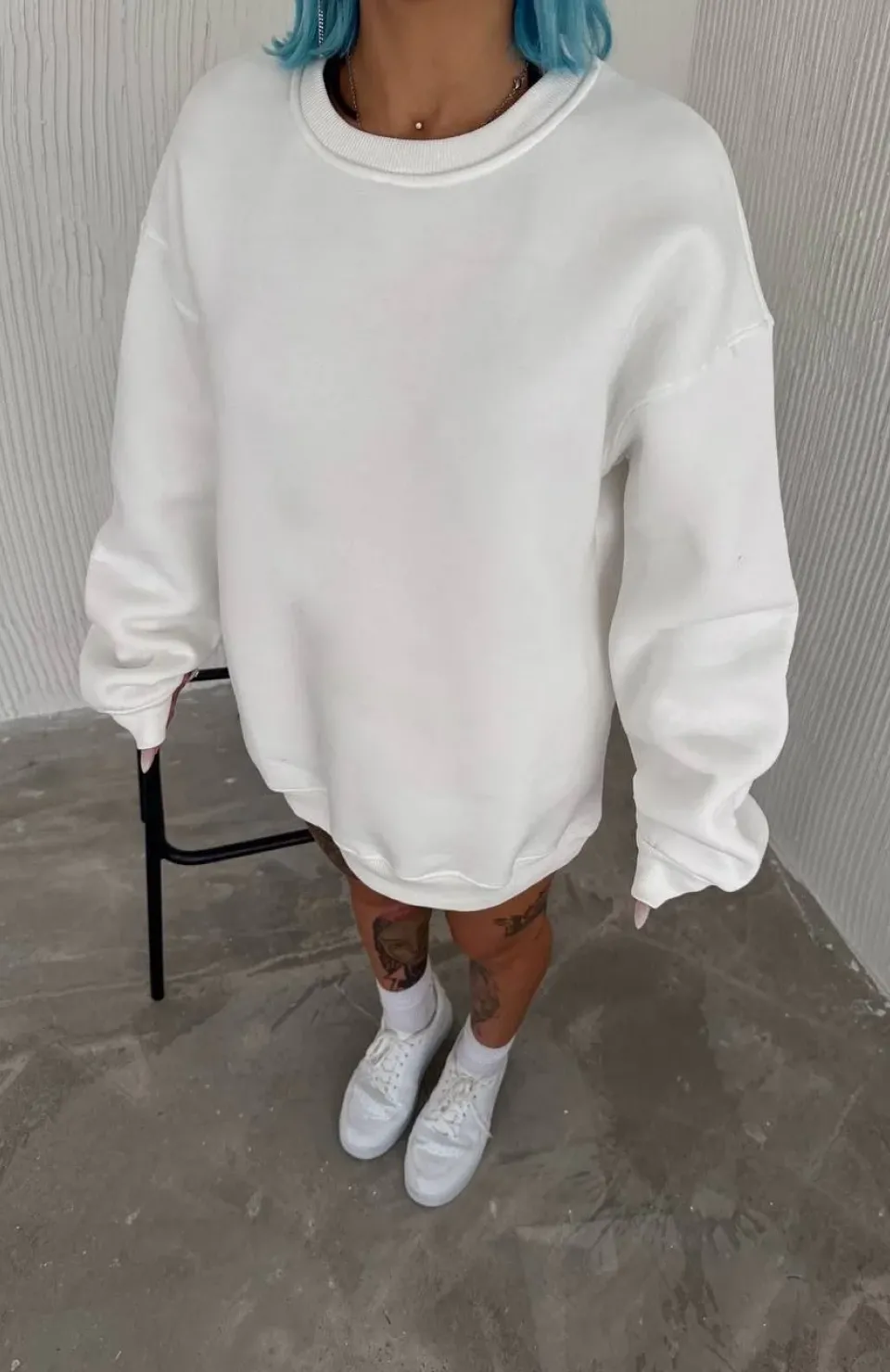 Kışlık Bisiklet Yaka Üç İplik Basic SweatShirt - Beyaz