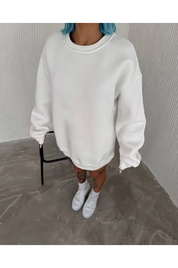 Kışlık Bisiklet Yaka Üç İplik Basic SweatShirt - Beyaz
