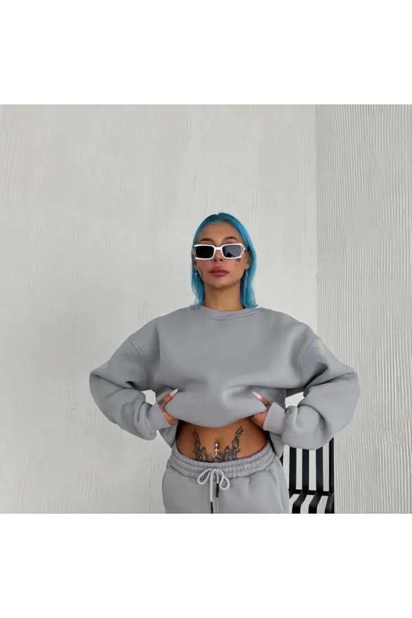 Kışlık Bisiklet Yaka Üç İplik Basic SweatShirt - Gri