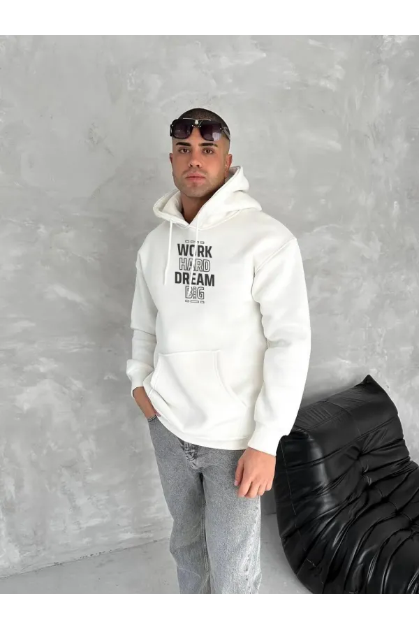 Kışlık Üç İplik Kapüşonlu SweatShirt - Beyaz