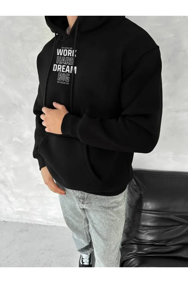 Kışlık Üç İplik Kapüşonlu SweatShirt - Siyah