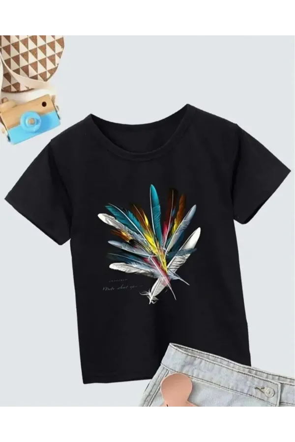 Kız Çocuk Baskılı T-Shirt- Siyah