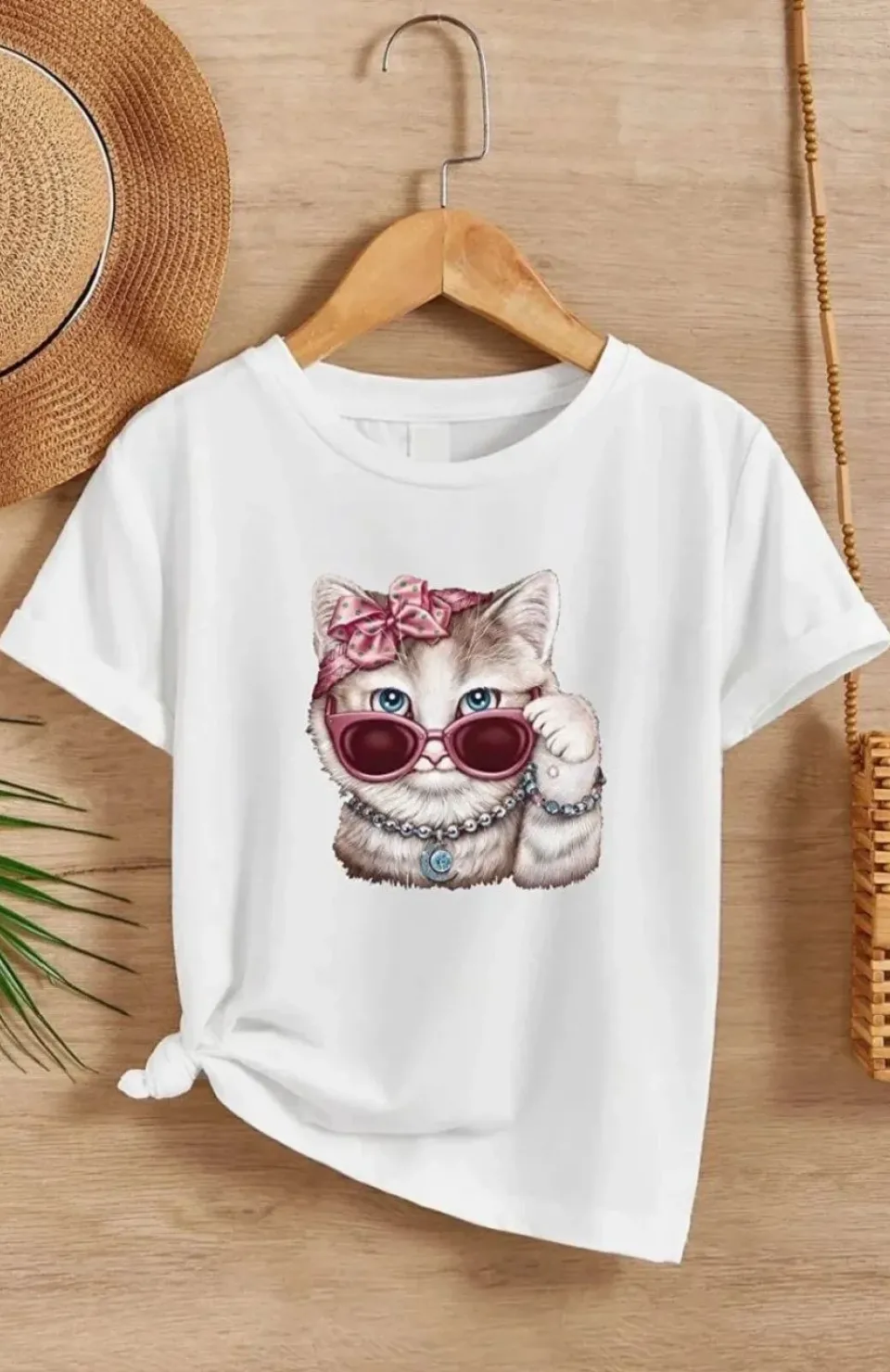 Kız Çocuk Bisiklet Yaka Baskılı T-Shirt - Beyaz Somersan Giyim | Kadın, Erkek ve Çocuk Moda