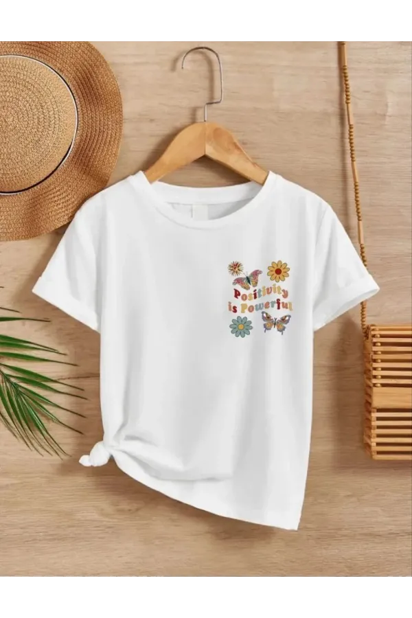 Kız Çocuk Bisiklet Yaka Baskılı T-Shirt - Beyaz