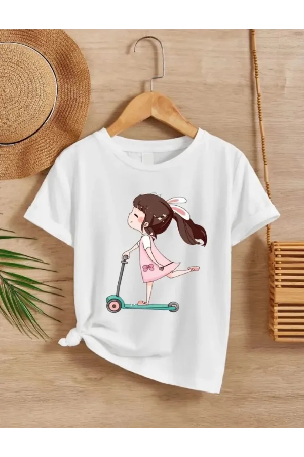 Kız Çocuk Bisiklet Yaka Baskılı T-Shirt - Beyaz