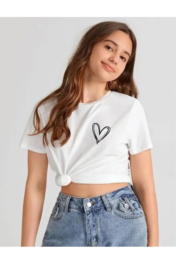 Kız Çocuk Bisiklet Yaka Baskılı T-Shirt - Beyaz