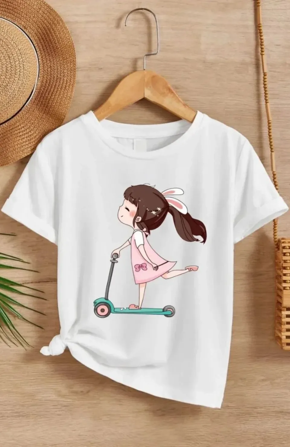Kız Çocuk Bisiklet Yaka Baskılı T-Shirt - Beyaz Somersan Giyim | Kadın, Erkek ve Çocuk Moda