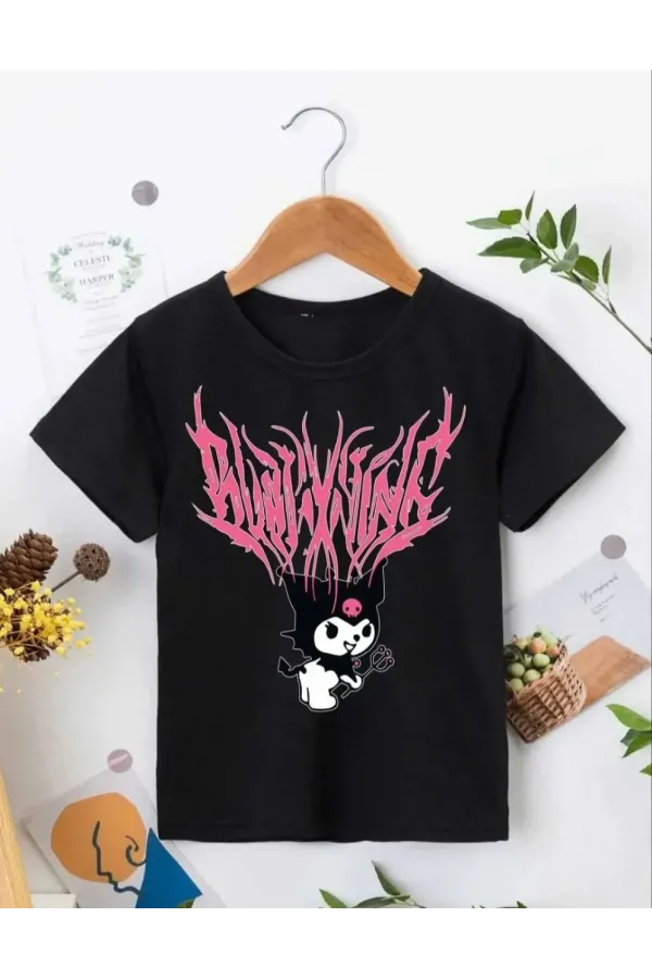 Kız Çocuk Bisiklet Yaka Baskılı T-Shirt - Siyah