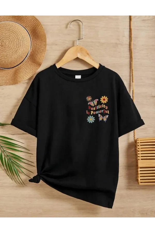 Kız Çocuk Bisiklet Yaka Baskılı T-Shirt - Siyah