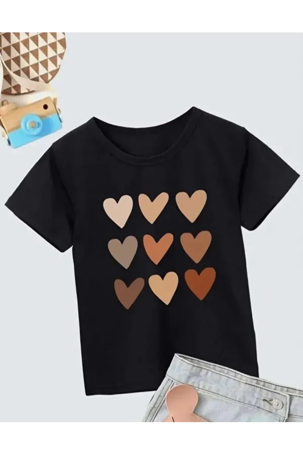 Kız Çocuk Bisiklet Yaka Baskılı T-Shirt - Siyah