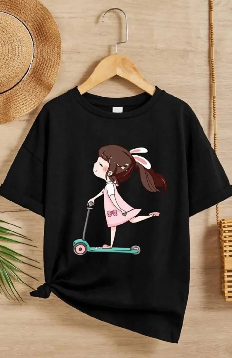 Kız Çocuk Bisiklet Yaka Baskılı T-Shirt - Siyah Somersan Giyim | Kadın, Erkek ve Çocuk Moda