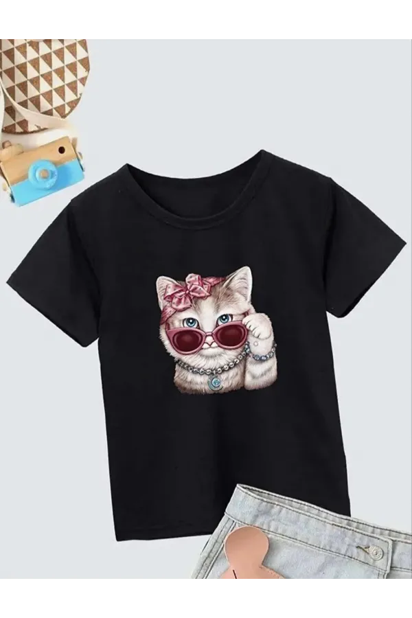 Kız Çocuk Bisiklet Yaka Baskılı T-Shirt - Siyah