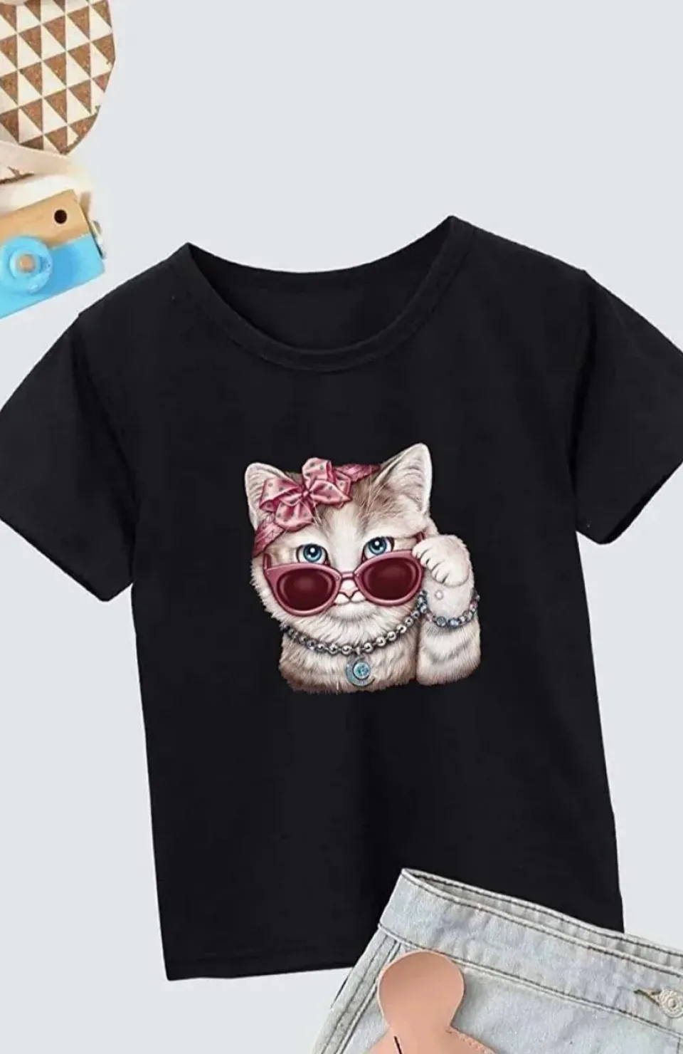 Kız Çocuk Bisiklet Yaka Baskılı T-Shirt - Siyah Somersan Giyim | Kadın, Erkek ve Çocuk Moda