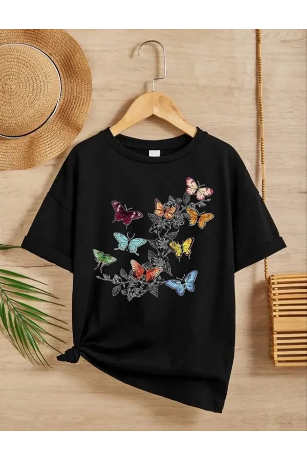 Kız Çocuk Bisiklet Yaka Baskılı T-Shirt - Siyah