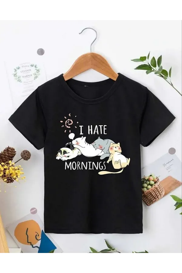 Kız Çocuk Bisiklet Yaka Baskılı T-Shirt - Siyah