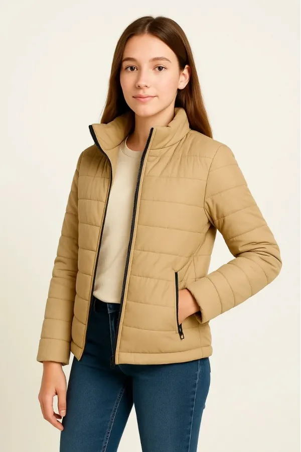 Kız Çocuk Şişme Mont Hafif ve Sıcak Tutucu Kışlık Fermuarlı Su İtici Rahat Günlük Mont Kapüşonuz Modern Tasarım - Bej