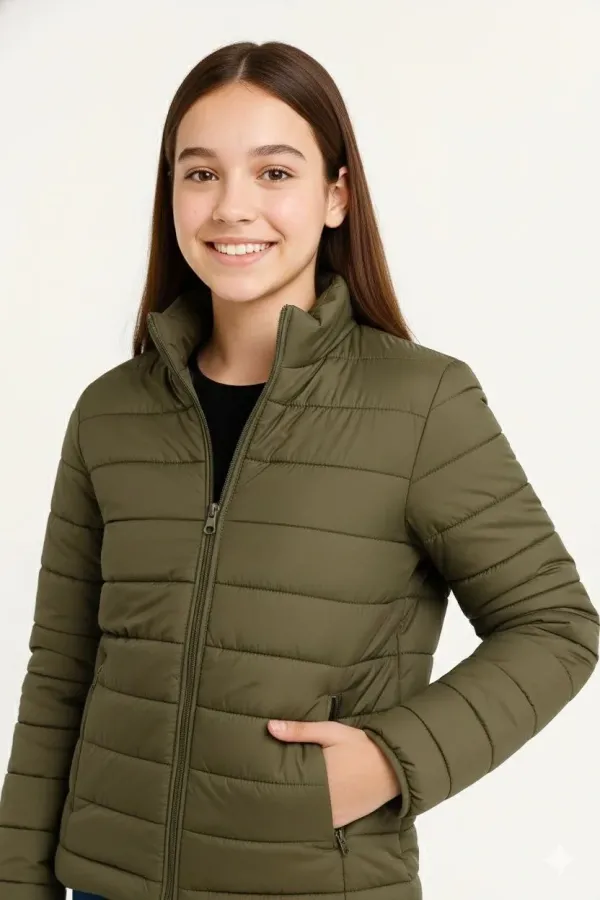 Kız Çocuk Şişme Mont Hafif ve Sıcak Tutucu Kışlık Fermuarlı Su İtici Rahat Günlük Mont Kapüşonuz Modern Tasarım - Haki